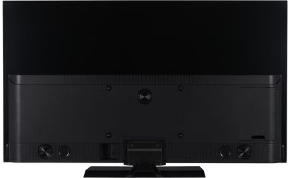 Panasonic TV-48Z80AEZ højdefinitions-tv set bagfra med sort overflade, stik, skruer og rektangulær midterfod