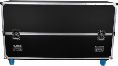 Sort Power Acoustics Flight-flightcase til to 65-skærme, med sølvfarvede kanter, låse og blå hjul