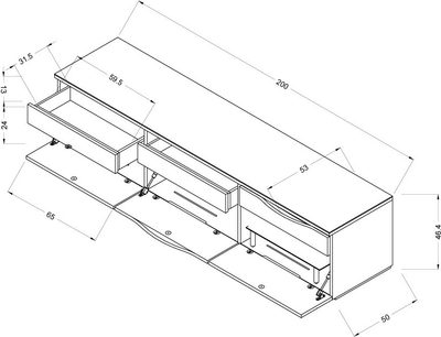 Teknisk tegning med mål af et Norstone Design Cikor sort TV-møbel set fra oven, front og side, i sort lak