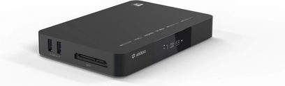 Zidoo Z9X 8K, sort rektangulært kabinet, perspektivvisning, 2 USB 3.0-porte, SATA-port, digitalt display på fronten
