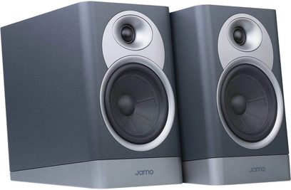 Jamo S15B reolhøjttalere i mat blå, rektangulære, 2 sorte højttalere, gråt logo, side om side