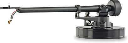 Braț de pick-up pentru platan vinil Michell Engineering T2 Tonearm negru mat, vedere laterală cu cabluri vizibile și bază masivă
