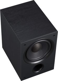 Subwoofer Davis Acoustics Sub Maya černý, pohled zepředu, krychlový tvar, centrálně umístěný kruhový reproduktor, matná černá povrchová úprava