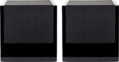 Dolby Atmos MartinLogan Motion AFX højttalere i sort med perforeret metalgitter på fronten og glat overflade på toppen