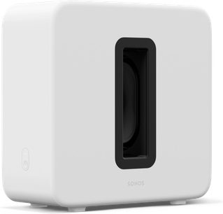 Sonos Pack ARC Ultra + Sub (Gen 4) soundbar i mat hvid, set fra siden, rektangulær form, sort central åbning