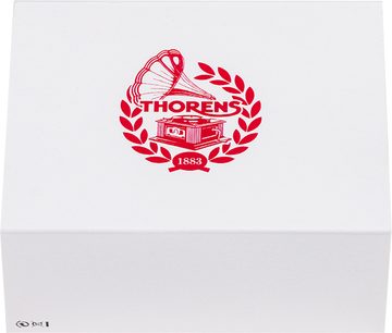 Scatola bianca vista frontalmente con logo rosso raffigurante un grammofono circondato da allori, testo "Thorens" e "1883" visibili