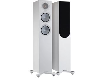 Тонколони тип колона Monitor Audio Silver 200 7G сатенено бяло, бял финиш, изглед отпред и отстрани, на стойки