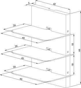 Ekstra Ateca Slim sort 3-hylde reol. Teknisk diagram med mål i millimeter. Tre rektangulære niveauer