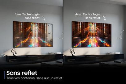 Samsung TQ77S92H 2026 fladskærms-tv til vægmontering, sammenlignende antirefleks-visuel i moderne stue