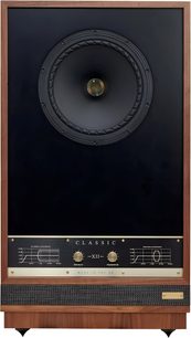 Diffusore da pavimento Fyne Audio Classic XII noce, baffle nero, altoparlante coassiale, pannello con due manopole, vista frontale