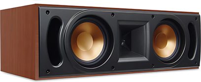 Klipsch RC-52 centerhøjttaler i mørkt træ, set forfra, med to guldkuplede højttalere og en sort centraltweeter