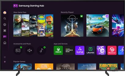 TQ65Q64D 2024 Hochauflösungs-Fernseher. Bildschirm zeigt die Samsung Gaming Hub-Oberfläche mit verschiedenen Apps und Spielen