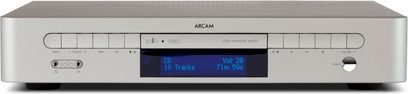 Arcam Solo Neo, integreret audiosystem, frontvisning, sølvfarvet front med blå skærm, knapper og tilslutninger