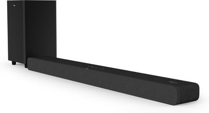 TCL TS8132 sort soundbar, set forfra, liggende fladt, aflang rektangulær form med afrundede kanter