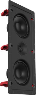 Zapuštěný nástěnný reproduktor Klipsch DS-250W-LCR Sky Hook v černé barvě, pohled zepředu, se 2 kulatými reproduktory a 2 červenými konektory