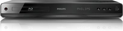 Philips BDP3100 sort 4K Blu-ray-afspiller, frontvisning, blank frontpanel med knapper og indikatorer, Philips-logo øverst til venstre