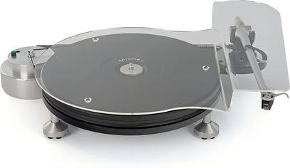Coperchio in acrilico trasparente per giradischi Michell Engineering UniCover, forma ondulata, intaglio per braccio, vista a 3/4