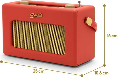 Roberts Revival iStream 3L rød bordradio i kunstlæder, set fra venstre forside i trekvarts vinkel, rektangulært kabinet med gylden metalgitter på forsiden, integreret øvre håndtag, cremefarvede runde knapper, krom teleskopantenne og tilpasset sidebælte