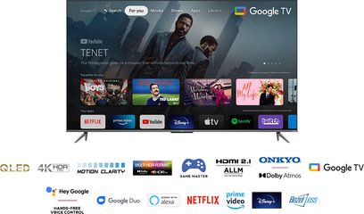 TCL 50QLED760 2022 fladskærms-TV med Google TV-interface og apps som Netflix, Prime Video, YouTube, Disney+, Apple TV og Spotify