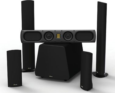 Sada kompaktních reproduktorů GoldenEar SuperSat 50 v černé barvě se subwooferem, 3 satelitními reproduktory a 2 sloupovými reproduktory