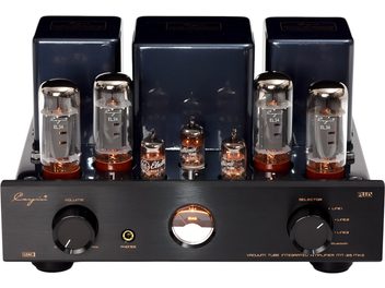 Cayin MT-35MK2 Bluetooth Stereo-Röhren-Vollverstärker in schwarzem, gebürstetem Metall, leicht von oben fotografiert, mit sechs leuchtenden Glasröhren, drei hinteren Transformatorgehäusen, zentralem VU-Meter, Kopfhöreranschluss und zwei großen Drehreglern an der Frontseite