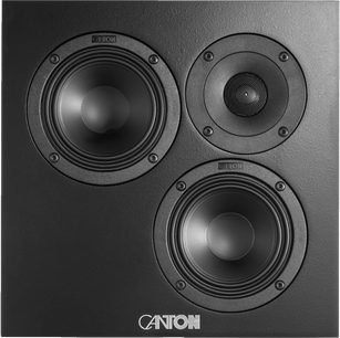 Černý vestavný nástěnný reproduktor Canton Atelier InWall 3, čelní panel čtvercového tvaru se třemi viditelnými kulatými měniči