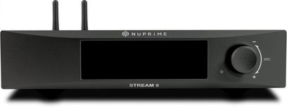 NuPrime Stream 9X netværksafspiller i sort, set forfra med central skærm, drejeknap og to bageste antenner