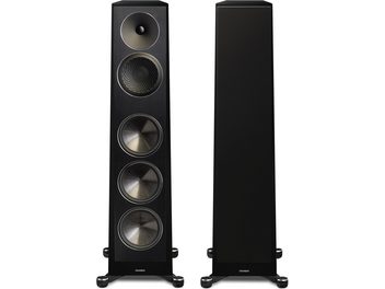 Diffusori a colonna Paradigm Founder 100F nero laccato, vista frontale e laterale, 4 altoparlanti rotondi, tweeter, cabinet rettangolare nero opaco