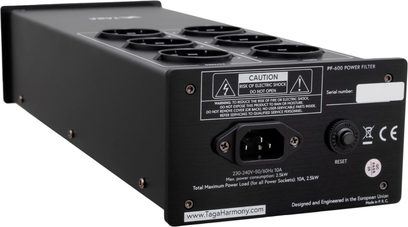 Sort Taga Harmony PF-600 multistikdåse, 6 stikdåser, afbryder, LED-indikator, set oppefra og forfra