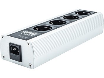 Supra MainBlock MD04-EU MK3 Power Strip, ribbed rectangular metal casing, 4 black sockets, IEC power connector, silver screws