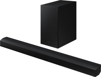 Samsung HW-B450/ZF sort soundbar, set forfra og fra siden, aflang rektangulær form