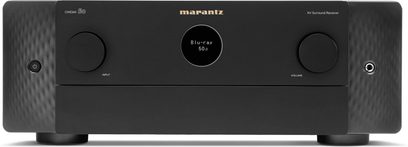 Marantz Cinema 50 zwarte home cinema-versterker, voorkant, centraal scherm, knoppen, grote volumeknop