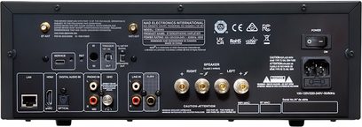 Ampli hi-fi stéréo NAD C3030S vue arrière avec connectiques réseau HDMI optique phono sorties enceintes et prise secteur