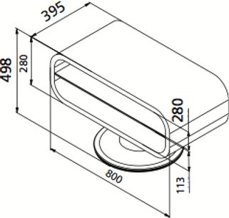 Teknisk skitse med dimensioner af et TechLink OPO 80 sort TV-møbel, set fra siden, med en afrundet og kompakt form