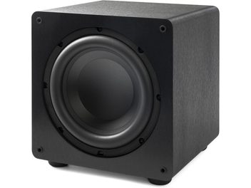 Paradigm Essentials Sub 10 kubisk svart subwoofer med teksturert overflate, sentralt sirkulært høyttalerelement og 4 synlige skruer