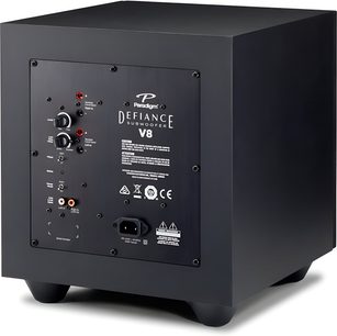 Subwoofer Paradigm Defiance V8 nero satinato, vista frontale, pannello frontale nero con controlli e porta bass-reflex