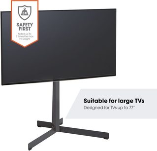 Sort vægbeslag til TV fra Vogel's TVS 3690 til TV op til 77", frontvisning med sort TV-skærm, "Safety First"-logo 3x