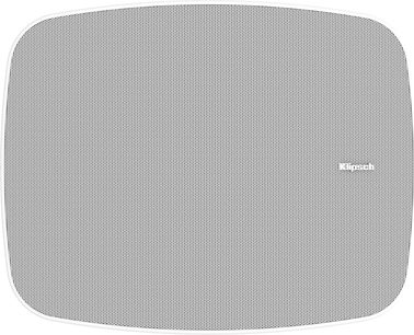 Caixa acústica para exterior Klipsch PSM-450-T branca, vista frontal com grelha perfurada e cantos arredondados