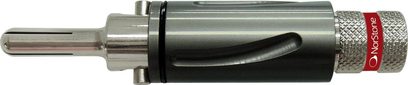 Silberne Metallbananenbuchse Norstone BLS 500, zylindrischer Körper, schwarze Abdeckung, 2-poliger männlicher Stecker