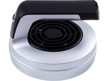 Pohľad zhora na kefku na vinylové platne Furutech Destat III, čierne telo, čierne štetiny, strieborná kruhová základňa