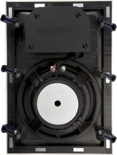 Wand-Einbaulautsprecher ArtSound RE2060, Rückansicht, schwarzes Chassis mit mittlerem Lautsprecher und blauen Befestigungen