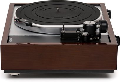 Giradischi hi-fi Thorens TD 1600 con TP160 noce, vista frontale, base rettangolare in legno, piatto circolare nero, braccio argentato