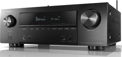 Denon AVR-X1600H sort hjemmebiografsforstærker, frontvisning, LED-display, knapper og drejeknapper til justering, frontpanelstik