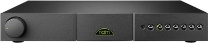 Naim Audio Nait sort integreret forstærker, frontvisning, 7 drejeknopper, 6 trykknapper, hovedtelefonstik, grønt logo