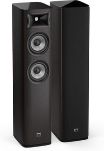 Sloupové reproduktory JBL Studio 680 dark walnut, pohled zepředu, dva reproduktory vedle sebe, černá barva, každý se dvěma měniči