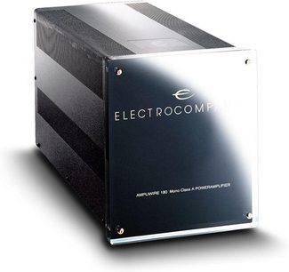 Electrocompaniet AW180 mono klasse A effektforstærker, sort og sølv metalkabinetdesign, perspektivisk frontvisning