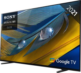 Sony BRAVIA XR OLED-tv, buet skærm med blå og gyldne refleksioner, set fra en trekvartvinkel, stående på fod