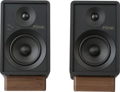 Bærbare bluetooth-højttalere GX-30ARC sort, frontvisning, 2 rektangulære enheder, cirkulære højttalere, træbaser