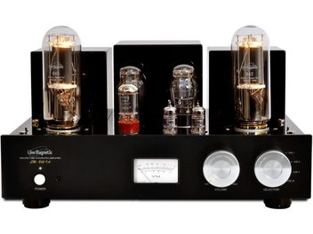 Line Magnetic LM-845IA fekete csöves hi-fi erősítő elölnézetből: 3 cső, 2 VU-mérő, előlapi választókapcsoló és gombok