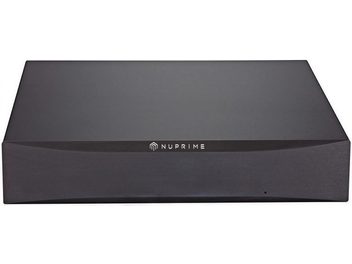 Czarny wzmacniacz mocy hi-fi Nuprime STA-9, czarna matowa obudowa o prostokątnym kształcie, widok z przodu